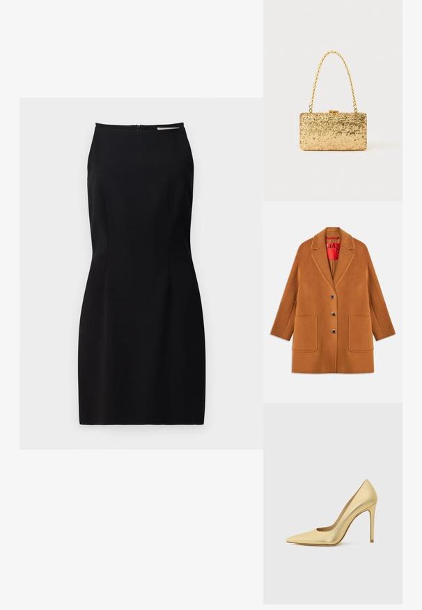 Rudas vilnos mišinio paltas su iškirptėmis, trimis mygtukais, dviem priekinėmis kišenėmis ir raudonu pamušalu. Lygi tekstūra su pritaikytu siluetu.; Juoda be rankovių suknelė su prigludusia siluetu, švelnia medžiaga, užtrauktuku gale ir subtiliais siūlų akcentais.; Auksinės metalinės smailiagalės aukštakulnės bateliai su stiletu, rodomi iš šono ant paprasto šviesaus fono.; Auksinė blizgučių rankinė, stačiakampio formos, su susuktos grandinėlės rankena ir metaliniu užsegimu, atspindinti šviesą su tekstūruotu paviršiumi.