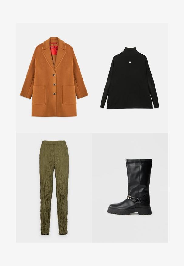 Brown wool blend coat with notched lapels, three buttons, two front pockets, and a red inner lining. Smooth texture with a tailored fit.; Black turtleneck sweater with long sleeves, featuring a small white heart emblem on the chest. Soft fabric and relaxed fit.; Olive green crinkled fabric pants with an elastic waistband, tapered legs, and a textured surface.; Black knee-high boots made of smooth leather, featuring a buckle accent on the side and a thick, textured sole for grip.