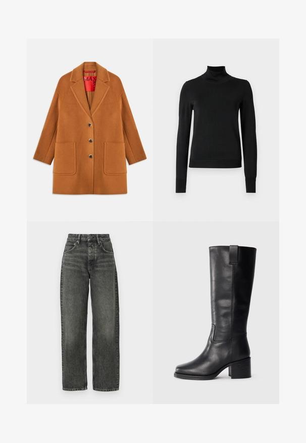 Brązowy płaszcz z wełny w mieszance z klapami, na trzy guziki, z dwoma przednimi kieszeniami i czerwonym podszyciem. Gładka faktura z dopasowanym krojem.; Czarny sweter z długim rękawem i stojącym kołnierzem, z prążkowanymi mankietami i dołem, zaprezentowany na białym tle.; Won Hundred ALEXANDRA czarny denim; Czarne skórzane botki do kolan o gładkiej fakturze, kwadratowym nosku, słupku oraz bocznym uchwycie, z minimalistycznymi detalami w postaci szwów.