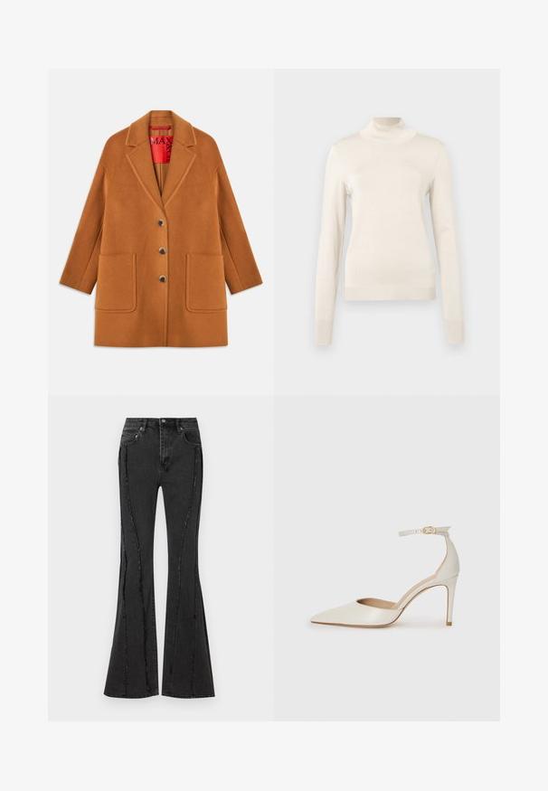 Rudas vilnos mišinio paltas su iškirptėmis, trimis mygtukais, dviem priekinėmis kišenėmis ir raudonu pamušalu. Lygi tekstūra su pritaikytu siluetu.; Sviestinės spalvos megztinis su aukšta apykakle, pagamintas iš minkštos trikotažo medžiagos, turintis ilgomis rankovėmis ir elastinius akcentus apykaklėje bei rankogaliuose.; Plati juodi džinsai su nelygiu dizainu ir matomais siuvinėjimo elementais. Su penkiais kišenėmis ir mygtuku juosmens srityje.; Balti odiniai aukštakulniai batai su smailiu priekiniu galu, kulkšnies dirželiu ir siauru stiletu. Lygi tekstūra su subtiliu blizgiu paviršiumi.