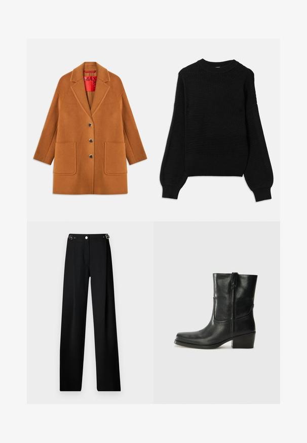 Rjav plašč iz volnenega mešanice s ovratnikom s krilci, tremi gumbi, dvema sprednjima žepoma in rdečo notranjostjo. Gladka tekstura s krojenjem.; Črna pulover z teksturiranim pletenjem, rebrastim krojem pri vratu in oversized balonskimi rokavi z gladkim zaključkom.; Široke črne hlače iz teksturirane tkanine, z pasom s srebrnimi dodatki in gumbom za zapiranje.; Črne usnjene gležnjarje z zaobljenim nosom, blok peto, stransko zadrgo in šivanjem na vampu. Gladka tekstura, klasična zasnova.