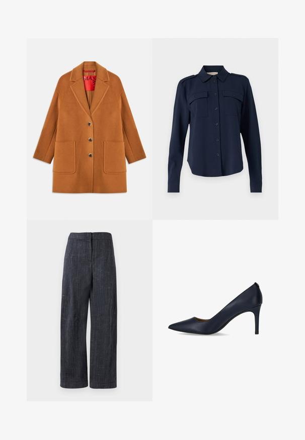 Brūns vilnas auduma mētelis ar iegrieztiem atlokiem, trim pogām, divām priekšējām kabatām un sarkanu oderi. Gluda tekstūra un pielāgota piegriezuma forma.; Tumši zila pogu krekls, kas izgatavots no mīksta auduma. Iespējas: divas krūšu kabatas, plecu uzlikas un garas piedurknes ar pogājamiem aprocēm.; Tumši pelēki plaša kāju bikses ar smalku teksturētu audumu, augstu jostasvietu un slēptu priekšējo aizdari.; Tumši zili augstpapēžu zābaki, izgatavoti no gludas ādas, ar smailu purngalu un plānu papēdi. Vienkāršs dizains bez papildus rotājumiem.