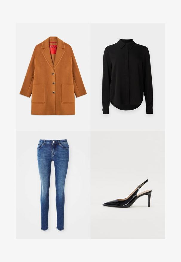 Brown wool blend coat with notched lapels, three buttons, two front pockets, and a red inner lining. Smooth texture with a tailored fit.; Black long-sleeve blouse with pointed collar, concealed button placket, and curved hem against a plain white background.; Blue denim skinny jeans with a smooth texture, mid-rise waist, five pockets, and light fading on the thighs. Features metal button and zip fly.; Black patent leather slingback pump with pointed toe, slim heel, and a subtle cutout design. Features a gold buckle on the strap.