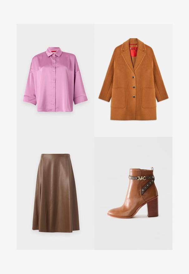 Barna gyapjú keverék kabát kihajtható gallérral, három gombbal, két elülső zsebbel és piros bélésse. Simá szövet, testhez álló szabással.; Világos rózsaszín selyemgombos ing, gallérral, laza szabású, felgöngyölt ujjal, sima textúrával és finom fényességgel.; Barna bőrből készült A-vonalú szoknya sima textúrával és közepes hosszúságú szegéllyel. Fitted derékrésszel rendelkezik és enyhén bővül a csípőnél.; barna bőr boka csizma, stílusos tömbsarkal, oldalszíj arany szegecsekkel és arany "MK" logós csattal.