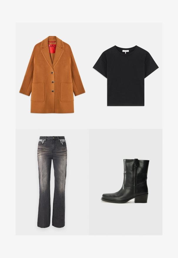 Bruine wollen blend jas met geknipte revers, drie knopen, twee voorzakken en een rode binnenvoering. Soepele textuur met een getailleerde pasvorm.; Zwarte cropped t-shirt van katoen, met een ronde halslijn, korte mouwen en een eenvoudig ontwerp zonder patronen of versieringen.; Zwarte denim jeans met een rechte pijpdesign, voorzien van kantdetails op de zakken en subtiele vervaging. De hardware omvat een metalen knop en klinknagels.; Zwarte leren enkellaars met een ronde neus, blokhak, zijrits en stikselaccenten op de wreef. Gladde textuur, klassiek ontwerp.