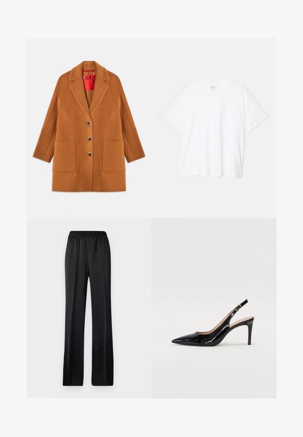 Palton din lână maro, cu rever in creion, trei butoane, două buzunare frontale și căptușeală roșie. Textură netedă, cu o croială ajustată.; Tricou alb din bumbac, cu mâneci scurte, guler rotund, croi lejer și tiv cusut. Eticheta este vizibilă pe interiorul gulerului.; Pantaloni negri, cu croi larg, având o talie elastică. Realizați dintr-un material fin și ușor, cu un croi drept și fără modele vizibile.; Pantofi slingback din piele patent neagră, cu vârful ascuțit, tocul subțire și un design discret cu decupaj. Se evidențiază printr-un cataramă aurie pe curea.