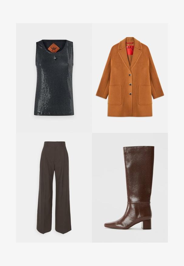 Rjav plašč iz volnenega mešanice s ovratnikom s krilci, tremi gumbi, dvema sprednjima žepoma in rdečo notranjostjo. Gladka tekstura s krojenjem.; MCM SEQUINS TANK - Top - black; Temno rjave široke hlače z visokim pasom, ki imajo lepo stisnjene gube, gladko teksturo in krojen fit.; Rjavi čizmi do kolen z vzorcem kačjega usnja, kvadratnim prstom in blok peto na enobarvni beli ozadju.