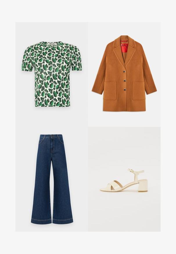 Brun uldblanding frakke med spidse revers, tre knapper, to forlommer og en rød inderside. Glat tekstur med en skræddersyet pasform.; Grøn blomsterkorte ærmer top med store bladvævninger på en hvid baggrund, lavet af et let, strækbart materiale.; Bredde ben blå denim jeans med høj talje, der har knaplukning, bæltestropper og diskrete syninger langs lommerne og kanterne.; Beige patenteret læder hælede sandaler med krydsremdesign, åben tå, justerbar ankelrem og en blokeret hæl. Glat tekstur.