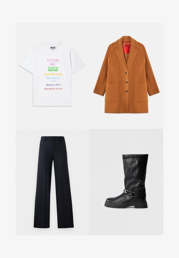 Casaco em mistura de lã castanha com lapelas notched, três botões, dois bolsos frontais e um forro vermelho. Textura suave com um corte ajustado.; T-shirt de algodão branco com múltiplos logótipos em texto nas cores rosa, verde, amarelo, azul e vermelho, dispostos verticalmente na parte da frente.; Calças de perna larga em preto. Corte ajustado com uma textura suave. Apresenta uma fileira de tachas metálicas ao longo das costuras laterais para detalhe.; Botas pretas até ao joelho, feitas de couro liso, com um detalhe de fivela de lado e uma sola espessa e texturizada para melhor aderência.