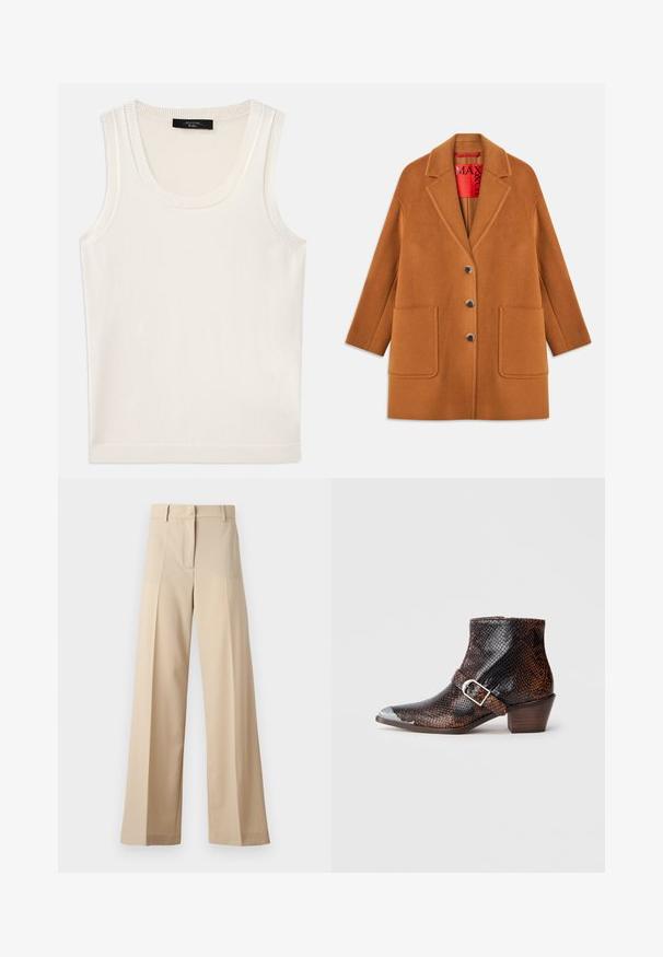 Brown wool blend coat with notched lapels, three buttons, two front pockets, and a red inner lining. Smooth texture with a tailored fit.; White sleeveless tank top made of soft fabric. Features a rounded neck and ribbed edges, with a smooth texture and no visible patterns.; Beige wide-leg trousers made of smooth fabric, featuring a flat front with pleats, a zip fly, and belt loops. Tailored fit overall.; Black and brown snake-print ankle boots with a silver toe cap, buckle accent, and a low wooden heel. Smooth texture, fitted design.