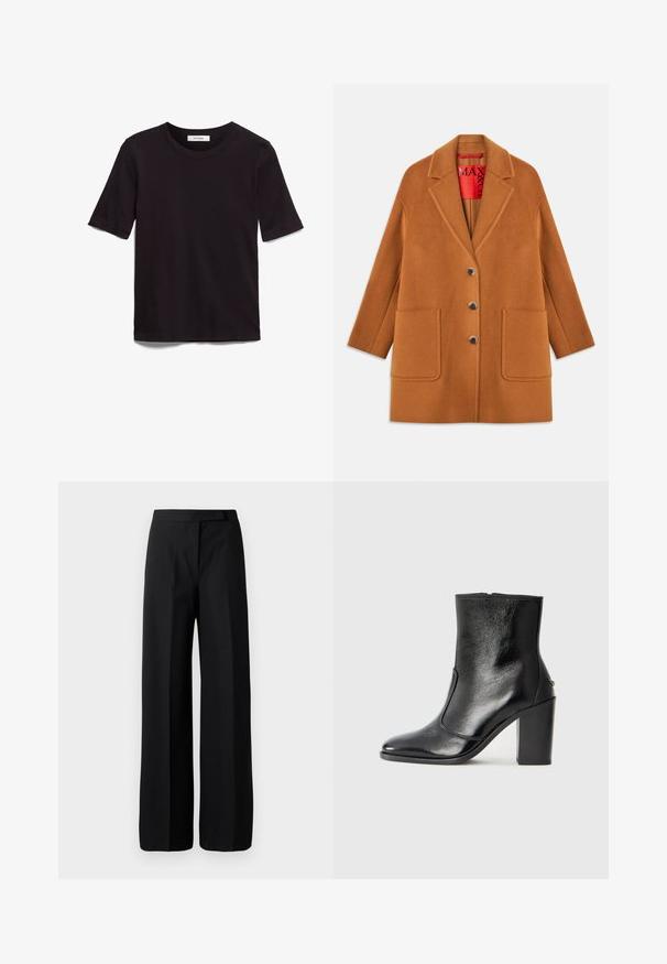 Rjav plašč iz volnenega mešanice s ovratnikom s krilci, tremi gumbi, dvema sprednjima žepoma in rdečo notranjostjo. Gladka tekstura s krojenjem.; Črna kratka majica s kratkimi rokavi iz mehkega bombaža, z okroglo izreza in gladko, enakomerno teksturo ter minimalističnim oblikovanjem.; Široke črne hlače z gladko, mat teksturo. Ravno pasu brez vidnih kovinskih delov ali vzorcev. Preprost in eleganten dizajn.; Črne usnjene gležnarske čevlje z gladko teksturo, koničastim nosom in debelim visokim petam. Imajo stransko odprtino in minimalističen dizajn.