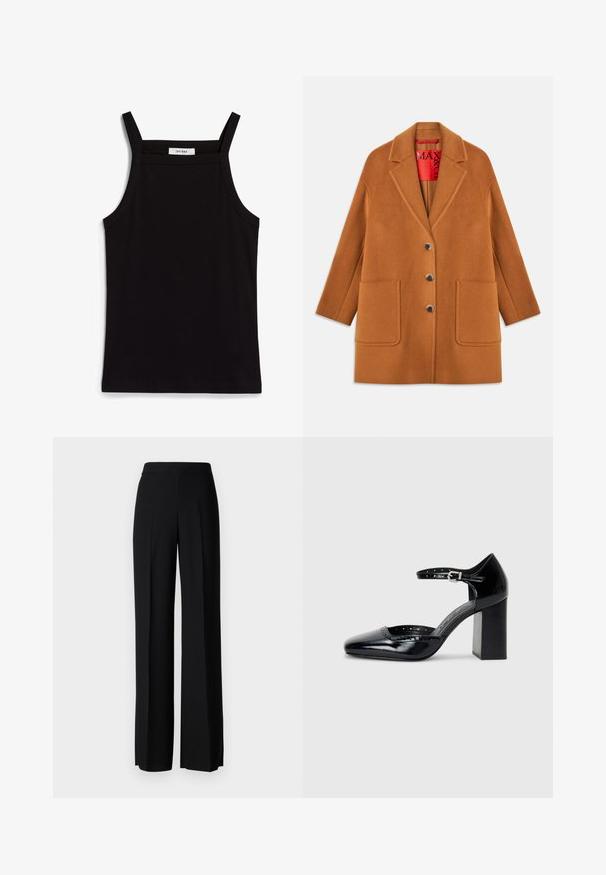 Rudas vilnos mišinio paltas su iškirptėmis, trimis mygtukais, dviem priekinėmis kišenėmis ir raudonu pamušalu. Lygi tekstūra su pritaikytu siluetu.; Juodas topas su plonais spaghetti petnešomis, pagamintas iš rausvos medžiagos, turintis tiesų kirpimą ir etiketę prie iškirpės, ant kurios parašyta "IVY OAK."; Juodi platūs kelnių kelnės su lygiu paviršiumi, turinčios aukštą liemenį ir centrinės raukšlės. Nėra matomų raštų ar metalinių detalių.; Juodos lakuotos aukštakulnės bateliai su kvadratine nosimi, kulkšnies dirželiu ir masyviu kulnu. Apima perforuotus detalizavimus aplink kraštą.