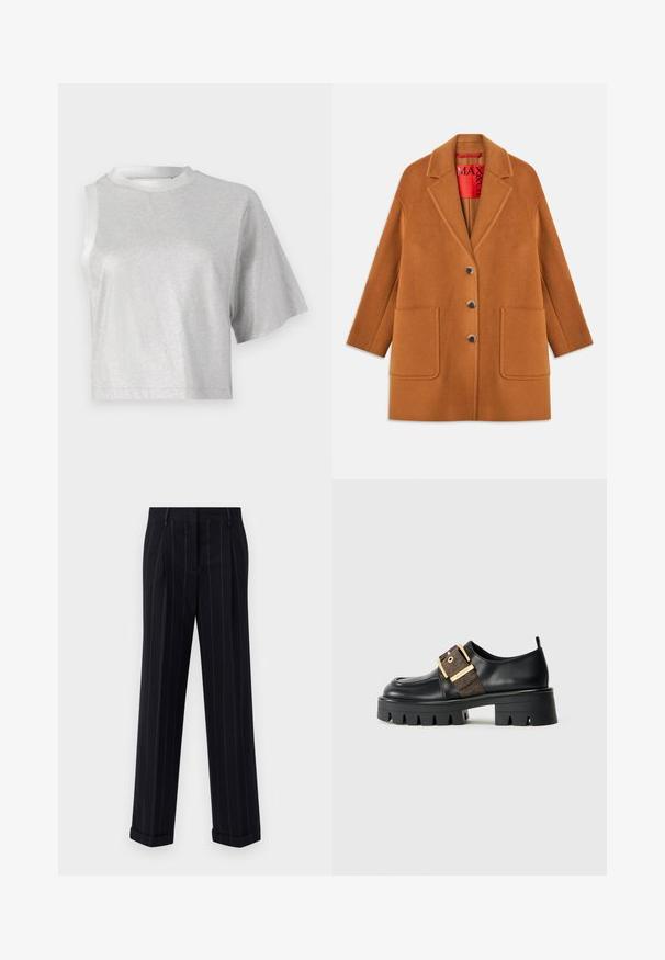 Rudas vilnos mišinio paltas su iškirptėmis, trimis mygtukais, dviem priekinėmis kišenėmis ir raudonu pamušalu. Lygi tekstūra su pritaikytu siluetu.; Sidabrinė trumpa marškinėlių palaidinė su trumpomis rankovėmis, turinti blizgų, lygų audinį ir apvalų iškirpimą. Viena rankovė yra asimetriška.; Juodi smėliniai kelnes su pritaikytu siluetu, su manžetėmis ir priekinėmis klostėmis. Pagaminta iš lygaus audinio su struktūrizuotu dizainu.; Juodas odinis batas su stambiu padu, turintis auksinį užsegimą ir tekstūruotą rudos spalvos akcentą. Suapvalinta nosis ir minimalistinis dizainas.