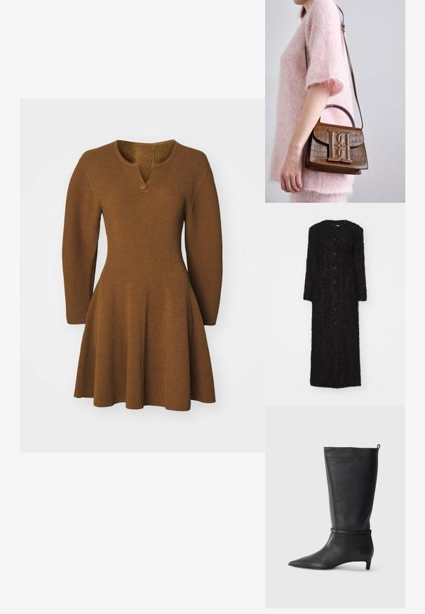 By Malene Birger SUSENNE - Cappotto invernale - black; Abito in maglia marrone con gonna leggermente svasata, maniche lunghe e scollatura a V con un dettaglio di un singolo bottone. Tessuto a coste testurizzato.; Stivale in pelle nera alta fino al ginocchio con punta affusolata, adornato da una fascia circolare attorno alla caviglia e un tacco basso e conico. Texture liscia.; Borsa a mano con effetto coccodrillo marrone, dotata di manico superiore e tracolla. Presenta un logo prominente sulla patta frontale. Texture morbida.