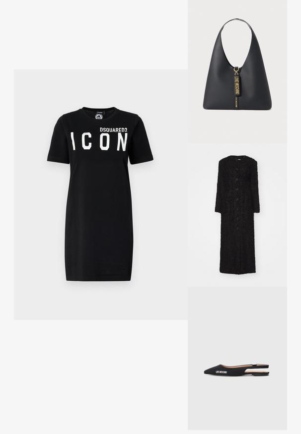 By Malene Birger SUSENNE - Manteau d'hiver - black; Robe t-shirt en coton noir avec des manches courtes, un col rond et un texte audacieux "DSQUARED2 ICON" en blanc sur le devant.; Ballerines noires à bride arrière avec bouts pointus, fabriquées en matériau lisse. Elles présentent un marquage blanc "LOVE MOSCHINO" et un design minimaliste.; Sac à bandoulière en cuir noir avec une large sangle, des accessoires en or et deux étiquettes suspendues embossées avec "LOVE MOSCHINO" en lettres dorées.