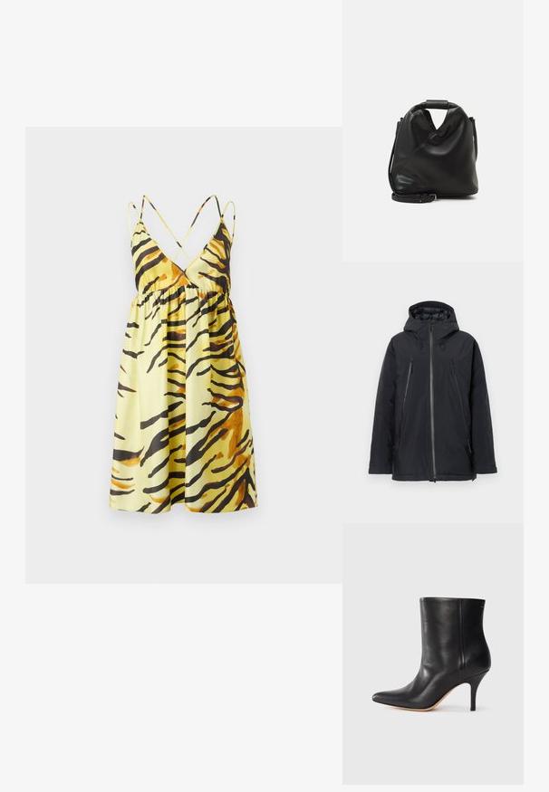 Casaco preto impermeável com capuz, dois bolsos laterais com zíper e um zíper frontal de comprimento total. Textura suave com design minimalista.; Nanushka CEIL - Vestido de dia - yellow; Botim de tornozelo em pele preta com biqueira pontiaguda, salto fino em stiletto e textura suave. Design minimalista sem hardware ou detalhes visíveis.; Saco preto de couro suave com um design torcido único. Apresenta uma alça curta e uma alça de ombro destacável. Estilo minimalista.