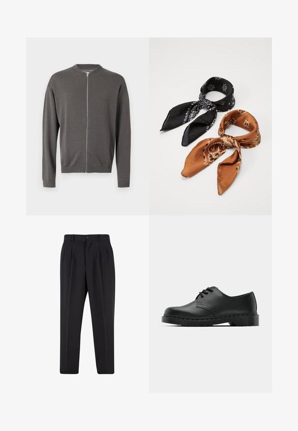 Black suede jacket with a zip front, pointed collar, two chest pockets, side pockets, and long sleeves. Soft texture, tailored design.; Gray knitted zip-up sweater with a round neckline, ribbed cuffs, and hem. Features a smooth texture and a front zipper closure.; White cotton t-shirt with a crew neckline, short sleeves, and a relaxed fit. Features plain design without patterns or accents.; Black trousers with a pleated front design, made from smooth fabric. Features a button closure and belt loops; straight-leg fit.; Black leather oxford shoe with lace-up design, rounded toe, flat rubber sole, and subtle stitching detail along the upper.; Two patterned scarves: one black with white designs, the other brown with orange accents. Both are made of satin, featuring pointed ends.