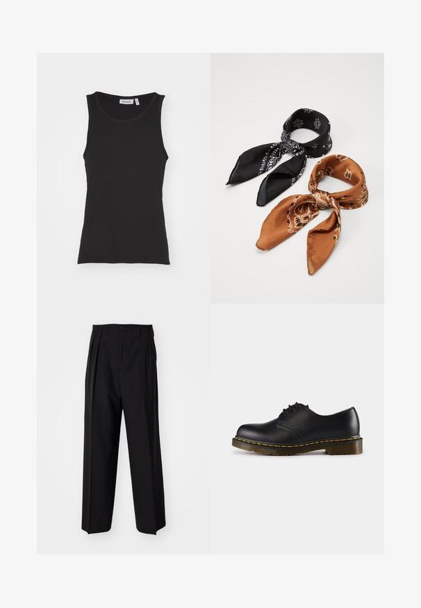 Musta mokkajakku, jossa on vetoketju edessä, terävä kaulus, kaksi rintataskua, sivutaskut ja pitkät hihat. Pehmeä rakenne, räätälöity muotoilu.; Musta hihaton toppi, joka on valmistettu puuvillasta, pyöreällä kaula-aukolla, ribatulla pinnalla ja suorella helman muodolla. Tagi lukee "WEEKDAY."; Mustat laskostetut housut, joissa on suora, leveä lahje. Valmistettu sileästä kankaasta, jossa on nappisuljenta ja vyölenkit.; Musta nahkakenkä, jossa on pyöreä kärki, nauhakiinnitys, keltainen päällinen pohjan ympärillä ja tukeva, teksturoitu kumipohja.; Kaksi kuvioitua huivia: toinen musta valkoisilla kuvioilla, toinen ruskea oransseilla yksityiskohdilla. Molemmat ovat satiinia, ja niissä on terävät päät.