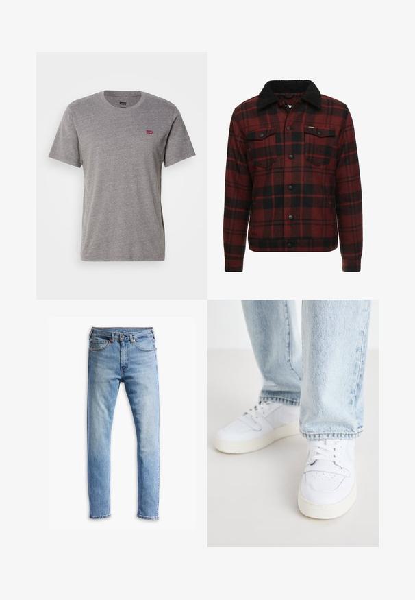 Wrangler TRUCKER - Kurtka przejściowa; Szara koszulka z krótkim rękawem, wykonana z mieszanki bawełny. Posiada okrągły dekolt i małe czerwone logo Levi's po lewej stronie klatki piersiowej. Miękka faktura.; Jasnoniebieskie dżinsy o prostym kroju, pięć kieszeni, zapięcie na guzik i delikatne przetarcia na materiale.; Białe skórzane sneakersy niskie z perforowanym noskiem, płaskimi sznurowadłami i minimalistycznym designem. Połączone z jasnoniebieskimi dżinsami.