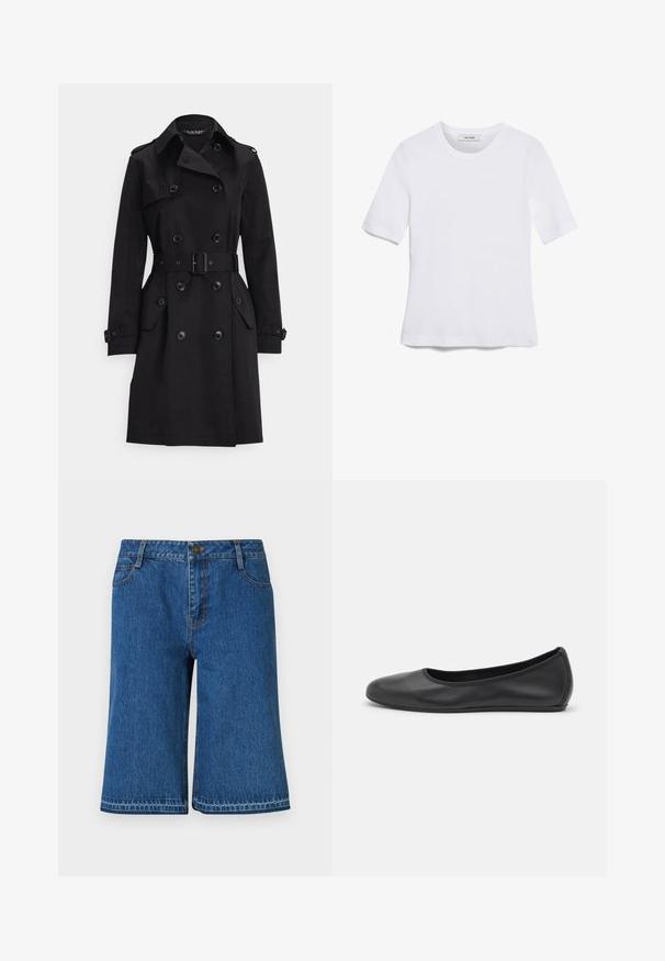 Trench coat nero in tessuto liscio, caratterizzato da bottoni doppiopetto, vita con cintura e due tasche laterali.; T-shirt bianca a maniche corte realizzata in tessuto a costine. Collo rotondo, vestibilità regolare e dettagli di cucitura sottili. Senza motivi o grafiche.; Bermuda in denim blu con taglio dritto, dotate di cintura, cinque tasche e dettagli di cucitura sottili lungo le cuciture.; Pantofole da balletto nere in pelle con punta arrotondata, texture liscia, dettagli di cucitura minimi e design con suola flessibile.