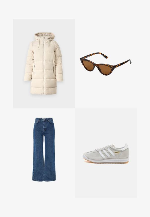 Bežna puhovka s teksturiranim kordnim vzorcem, z zadrgo spredaj, nastavljivo kapuco in dvema stranskima žepoma z zadrgo, ki ima dolg in prilegajoč se dizajn.; Rjav pleteni pulover z visokim rebrastim ovratnikom, širokimi rokavi in mehkobno teksturo. Ima sproščen kroj in rebraste detajle na rokavih.; Modre kavbojke z visokim pasom in širokimi nogami, ki imajo tradicionalno zasnovo s petimi žepi, kovinsko zaponko in kontrastno šivanje.; Svetlo sivi tenisice od antilopa i mrežaste tkanine, s tri bijele pruge, okruglim vrhom i gumenim potplatom. Zlatni logo akcent blizu vezica.; Mačje oči sončna očala z okvirom v črno-oranžni želvej ohišji, rjavimi lečami in elegantnimi, ostrimi konicami. Imajo minimalistični logo na ročaju.