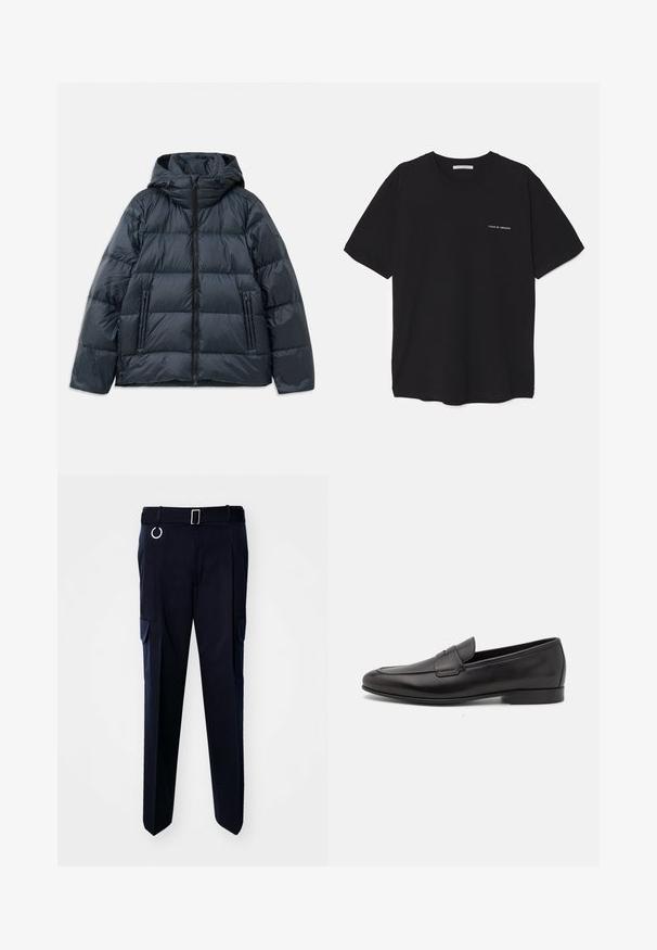 Tmavě modrá péřová bunda s kapucí, prošívaný design, přední zip a dvě postranní zipové kapsy; hladká, lesklá textura.; Černé bavlněné tričko s kulatým výstřihem, krátkými rukávy a bílým logem potisknutým na levé straně hrudi. Jednoduchý, jednobarevný design.; Námořnické modré cargo kalhoty vyrobené z odolné tkaniny, vybavené páskem se stříbrnou přezkou a dvěma bočními kapsami s klopami.; Černé kožené pánské mokasíny s nízkým podpatkem a klasickým designem se sponou, zobrazené v bočním profilu na bílém pozadí.