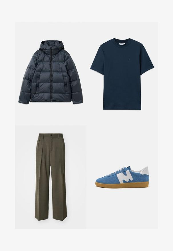 Tmavě modrá péřová bunda s kapucí, prošívaný design, přední zip a dvě postranní zipové kapsy; hladká, lesklá textura.; Tmavě modré bavlněné tričko s kulatým výstřihem, krátkými rukávy a decentním logem potištěným na hrudi. Hladká textura a klasický střih.; Filippa K WIDE TROUSERS - Kalhoty - driftwood; MSGM RETRO TRAINER - Tenisky - light blue