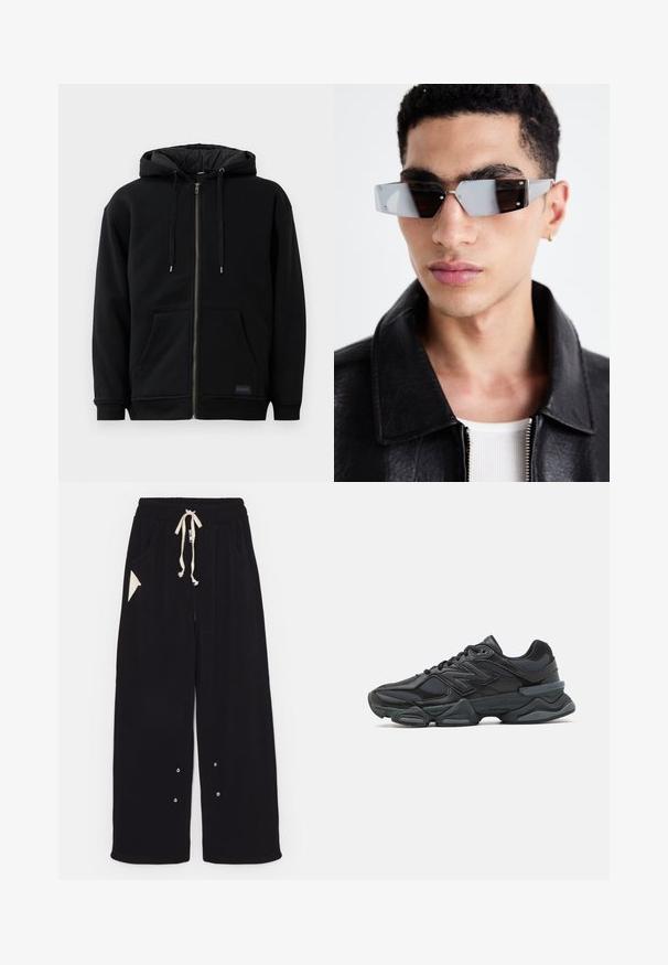 Han Kjøbenhavn COLLARED - Giubbotto Bomber - dark grey; Felpa nera con zip realizzata in pile, dotata di cappuccio regolabile con cordino, tasche frontali e polsini a costine. L'interno presenta una texture trapuntata.; T-shirt nero a maniche corte in cotone, con scollatura rotonda e vestibilità comoda. Texture liscia con dettagli di cucitura minimi.; Pantaloni neri a gamba larga realizzati in un morbido tessuto, con vita regolabile tramite cordino, tasche laterali e una tasca accentuata triangolare. Include dettagli in hardware argentato.; Scarpa da corsa nera con una combinazione di materiali in rete e sintetici, suola spessa, design curvo e marchio ben visibile sul lato.; Occhiali da sole angolari con tonalità grigia e hardware in argento, su uno sfondo chiaro. Le lenti presentano una forma geometrica unica.