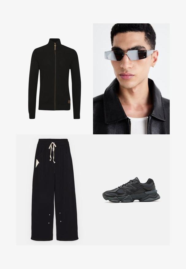 Črna bombažna jakna s krajšim krojem, širokim ovratnikom, rebrastimi manšetami in žepom na zadrgo na strani. Iz gladkega, lahkega blaga.; Črn zip-up pulover iz teksturiranega pletenega materiala. Visok ovratnik, enotne barve, z rjavim zadrgo in majhno logotipom na spodnjem levem delu.; Črno kratko majico s kratkimi rokavi iz bombaža, z okroglo ovratnico in sproščenim krojem. Gladka tekstura z minimalnimi detajli šivanja.; Črne široke hlače iz mehkega blaga z elastičnim pasom na vrvico, stranskimi žepi in trikotnim dodatnim žepom. Vključeni so srebrni detajli.; Črne tekaške superge, ki združujejo mrežaste in sintetične materiale, imajo debel podplat, ukrivljen oblikovni slog ter izrazito blagovno znamko na strani.; Angularne sončne očala s sivim tonom in srebrnim okovjem, postavljena na svetli podlagi. Leče imajo edinstveno geometrijsko obliko.