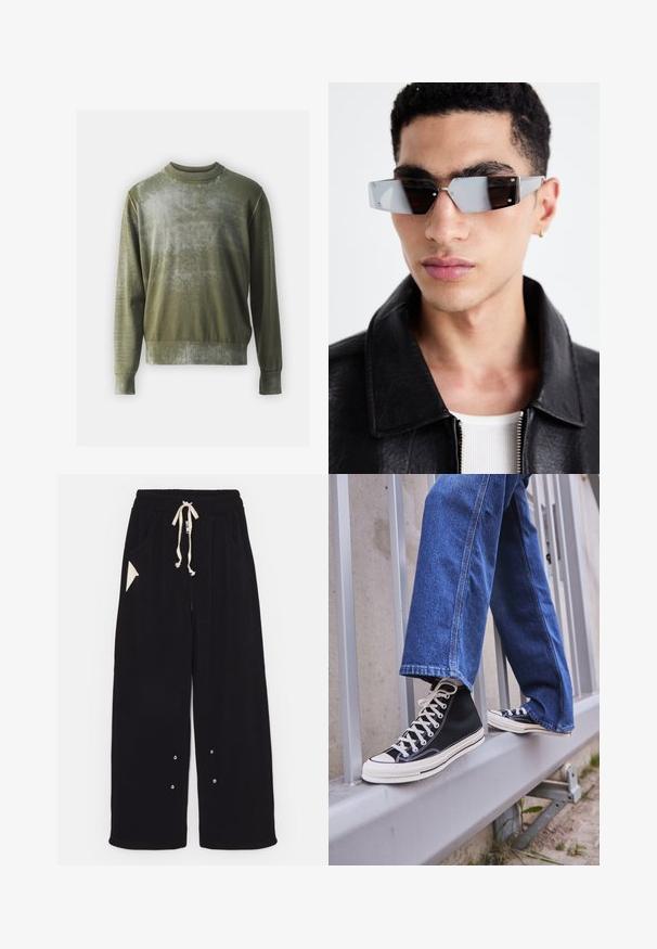 Must bomberjakk lühem mudel, lai krae, soonikkoes mansetid ja lukuga küljetasku. Valmistatud siledast, kergest kangast.; Oliivroheline särk tekstuuriga viimistlusega; omab ribakujulist ümardatud kaelust ja mansette, samuti peent gradiendi efekti üle kogu keha.; Mustad laiad püksid pehmest kangast, millega kaasneb paelaga vöökoht, küljetaskud ja kolmnurkne aksenttasku. Hõbedased detailid on lisatud.; Mustad mustade kõrgete tossudega, millel on valge tallaga ja valged paelad, koos vaba sinise denimidega, mis puhkavad hallil piiridel.; Angular hallikatega tumedad prillid hõbedaste detailidega, heleda tausta ees. Prilliklaasid omavad ainulaadset geomeetrilist kuju.