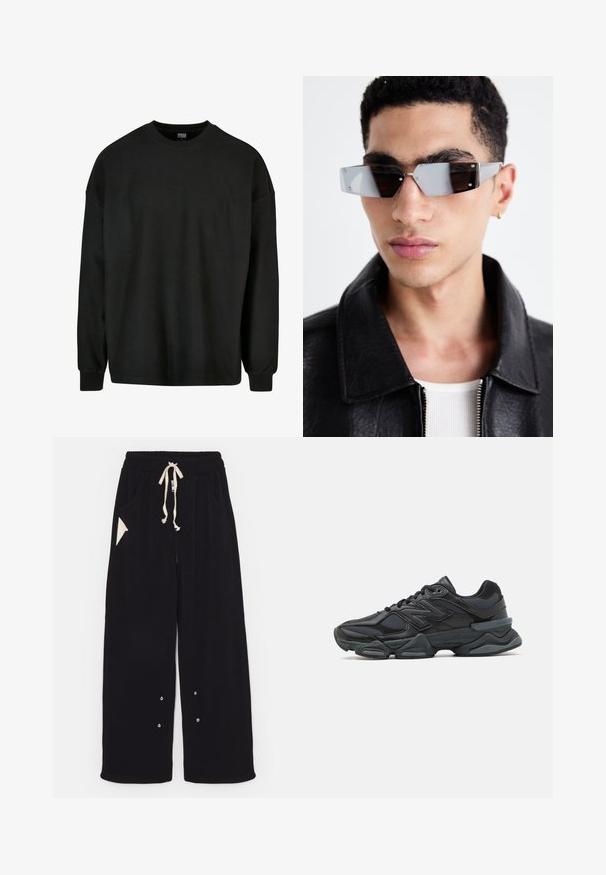 Schwarze Bomberjacke mit kurzem Schnitt, weitem Kragen, gerippten Bündchen und seitlicher Reißverschlusstasche. Hergestellt aus glattem, leichtem Stoff.; Schwarzes, langärmeliges, geripptes Sweatshirt mit Rundhalsausschnitt und lockerer Passform. Verfügt über Stoff mit Struktur und enganliegende Bündchen. Keine grafischen Details.; Schwarze weite Hose aus weichem Stoff mit einem Tunnelzugbund, Seitentaschen und einer dreieckigen Akzenttasche. Silberne Hardware-Details sind enthalten.; Schwarzer Laufschuh mit einer Mischung aus Mesh- und sinthetischen Materialien, dicke Sohle, geschwungenes Design und auffälliger Markenkennzeichnung an der Seite.; Eckige, grau getönte Sonnenbrillen mit silberner Hardware, vor einem hellen Hintergrund. Die Gläser weisen eine einzigartige geometrische Form auf.