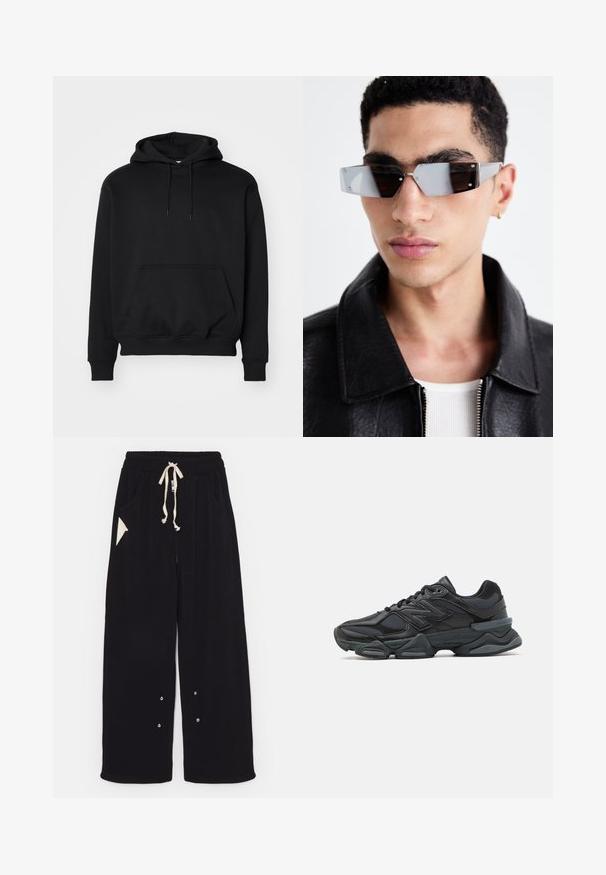 Črna bombažna jakna s krajšim krojem, širokim ovratnikom, rebrastimi manšetami in žepom na zadrgo na strani. Iz gladkega, lahkega blaga.; Črn pulover s kapuco, izdelan iz mehke mešanice bombaža, s kengurujskim žepom, vrvico za zategovanje kapuce, ribanim zaključkom in sproščenim krojem.; Črne široke hlače iz mehkega blaga z elastičnim pasom na vrvico, stranskimi žepi in trikotnim dodatnim žepom. Vključeni so srebrni detajli.; Črne tekaške superge, ki združujejo mrežaste in sintetične materiale, imajo debel podplat, ukrivljen oblikovni slog ter izrazito blagovno znamko na strani.; Angularne sončne očala s sivim tonom in srebrnim okovjem, postavljena na svetli podlagi. Leče imajo edinstveno geometrijsko obliko.