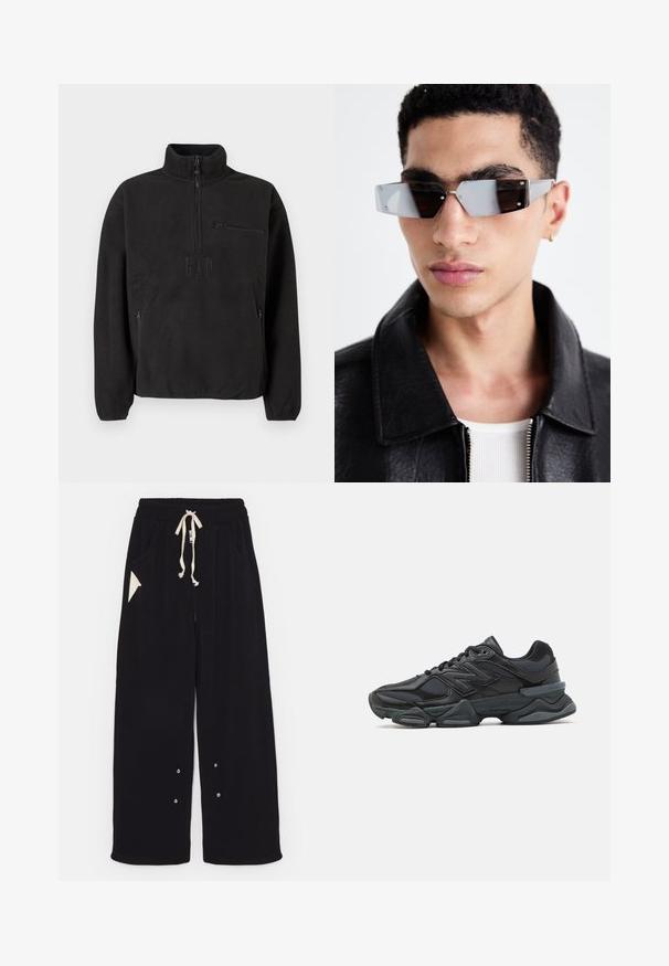 Melna bombers žaka ar īsu dizainu, platu apkakli, ribotiem manžetiem un sānu kabatu ar rāvējslēdzēju. Izgatavota no gludas, vieglas auduma.; Melns vilnas džemperis ar augstu apkakli, pusratveida rāvējslēdzeni un priekšējo rāvējslēdzēja kabatu. Izgatavots no faktūras auduma ar reljefu logotipu.; Melni plati bikses, izgatavotas no mīksta auduma, ar aukliņu viduklī, sānu kabatām un trīsstūrveida akcenta kabatu. Iekļautas sudraba detaļas.; Melna skriešanas apavi ar jauktu acu audumu un sintētiskiem materiāliem, masīvu zoli, izliekta dizaina elementiem un izteiktu zīmola logotipu uz sāniem.; Stūrainas pelēkā toņa saulesbrilles ar sudraba detaļām, novietotas uz gaiša fona. Lēcas ir ar unikālu ģeometrisku formu.