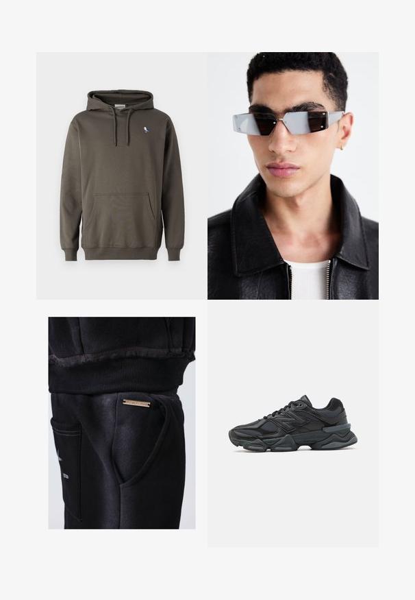 Veste bomber noire au design court, col large, poignets côtelés et poche zippée sur le côté. Fabriquée en tissu lisse et léger.; Sweatshirt à capuche vert olive en coton doux. Doté d'une poche avant et d'une petite broderie d'oiseau sur la poitrine gauche.; T-shirt noir à manches courtes en coton, avec un col rond et une coupe décontractée. Texture lisse avec des détails de couture minimalistes.; Gros plan sur une poche de pantalon de survêtement noir avec une étiquette en métal portant les mots "PROJECT X PARIS" et la taille côtelée du vêtement noir assorti au-dessus.; Chaussure de course noire mettant en avant un mélange de mesh et de matériaux synthétiques, avec une semelle épaisse, un design arrondi et un logo bien visible sur le côté.; Lunettes de soleil grises angulaires avec des détails en argent, sur un fond clair. Les verres présentent une forme géométrique unique.