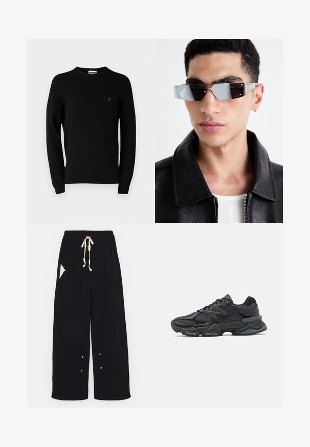 Mustapukuinen bomber-takki, jossa on lyhyt leikkaus, leveä kaulus, resorit hihansuissa ja vetoketjullinen sivutasku. Valmistettu sileästä, kevyestä kankaasta.; Musta pyöreäkauluksinen neule, joka on valmistettu pehmeästä kankaasta. Varustettu pitkillä hihoilla ja huomaamattomalla logolla rinnassa. Yksinkertainen muotoilu, ei kuvioita tai korostuksia.; Mustat leveälahkeiset housut pehmeästä kankaasta, joissa on naru vyötäröllä, sivutaskut ja kolmionmuotoinen korostustasku. Mukana hopeiset yksityiskohdat.; Musta juoksukenkä, jossa on yhdistelmä verkko- ja synteettisiä materiaaleja, paksu pohja, kaareva muotoilu ja näkyvä brändäys sivussa.; Kuluneet harmaan sävyiset aurinkolasit, joissa on hopeiset yksityiskohdat, vaaleaa taustaa vasten. Linssit ovat ainutlaatuisen geometrisen muotoiset.