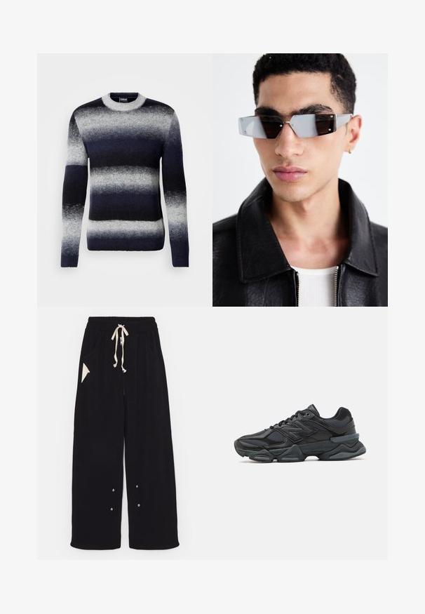 Schwarze Bomberjacke mit kurzem Schnitt, weitem Kragen, gerippten Bündchen und seitlicher Reißverschlusstasche. Hergestellt aus glattem, leichtem Stoff.; Strickpullover in Dunkelblau und Grau mit horizontalen Streifen. Rundhalsausschnitt, lange Ärmel, weiche Textur und gerippte Bündchen.; Schwarze weite Hose aus weichem Stoff mit einem Tunnelzugbund, Seitentaschen und einer dreieckigen Akzenttasche. Silberne Hardware-Details sind enthalten.; Schwarzer Laufschuh mit einer Mischung aus Mesh- und sinthetischen Materialien, dicke Sohle, geschwungenes Design und auffälliger Markenkennzeichnung an der Seite.; Eckige, grau getönte Sonnenbrillen mit silberner Hardware, vor einem hellen Hintergrund. Die Gläser weisen eine einzigartige geometrische Form auf.