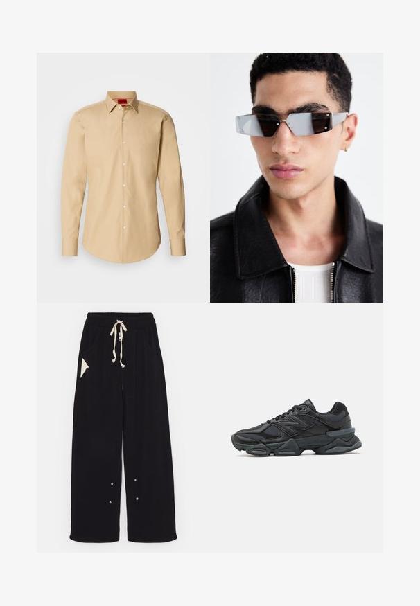 Črna bombažna jakna s krajšim krojem, širokim ovratnikom, rebrastimi manšetami in žepom na zadrgo na strani. Iz gladkega, lahkega blaga.; Bežna srajca z gumbi, izdelana iz gladkega blaga, z klasičnim ovratnikom, dolgimi rokavi in subtilno teksturo ter belimi gumbi.; Črne široke hlače iz mehkega blaga z elastičnim pasom na vrvico, stranskimi žepi in trikotnim dodatnim žepom. Vključeni so srebrni detajli.; Črne tekaške superge, ki združujejo mrežaste in sintetične materiale, imajo debel podplat, ukrivljen oblikovni slog ter izrazito blagovno znamko na strani.; Angularne sončne očala s sivim tonom in srebrnim okovjem, postavljena na svetli podlagi. Leče imajo edinstveno geometrijsko obliko.