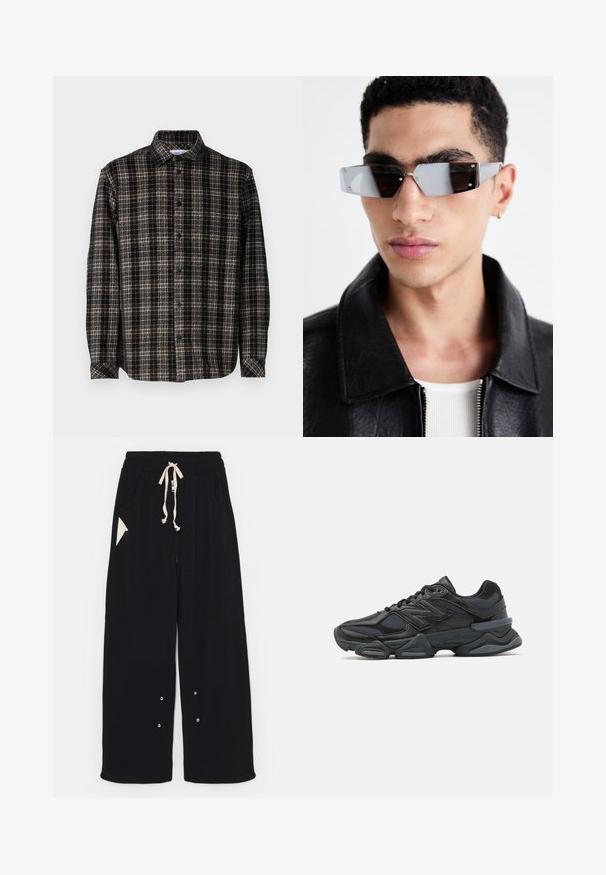 Čierna bomber bunda s krátkym strihom, širokým golierom, rebrovanými manžetami a zipsovou bočnou vreckom. Vyrobená z hladkej, ľahkej látky.; Čierna a béžová károvaná košeľa s dlhými rukávmi, s predným zapínaním na gombíky, klasickým golierom a mäkkou štruktúrovanou textúrou.; Čierne krátke tričko s krátkym rukávom vyrobené z bavlny, s obojstranným výstrihom a voľným strihom. Hladká textúra s minimálnymi švovými detailmi.; Čierne široké nohavice vyrobené z mäkkej látky s elastickým pásom, bočnými vreckami a trojuholníkovým akcentom. Obsahuje detaily zo strieborného kovu.; Čierna bežecká obuv so zmesou sieťoviny a syntetických materiálov, robustnou podrážkou, zakriveným dizajnom a výrazným logom na boku.; Uhly šedé slnečné okuliare s striebornými prvkami na svetlom pozadí. Šošovky majú jedinečný geometrický tvar.