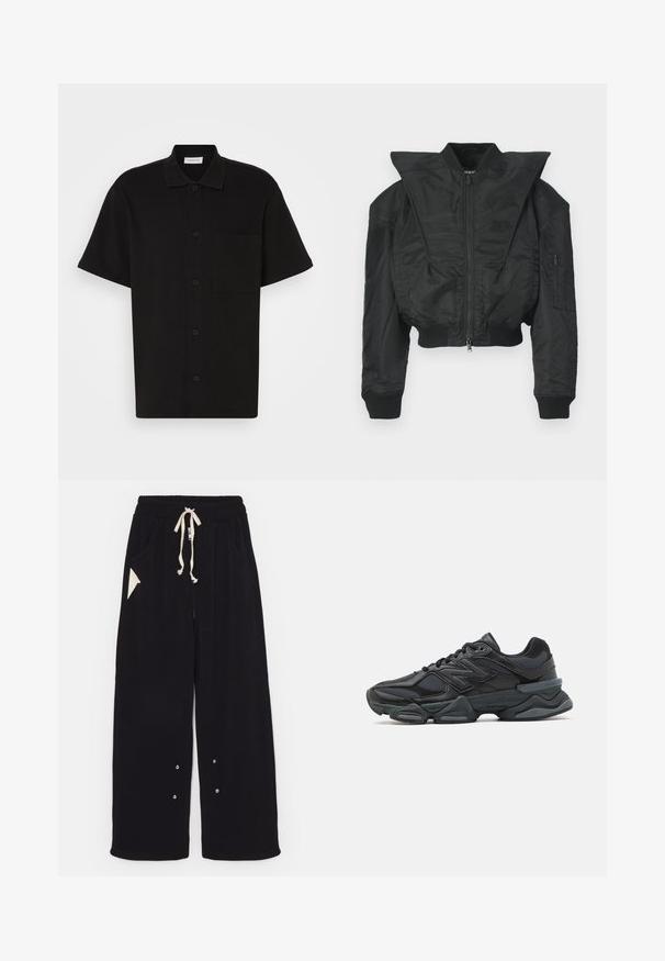 Zwarte bomberjas met een cropped ontwerp, brede kraag, geribbelde boorden en een ritssluiting aan de zijkant. Gemaakt van glad, lichtgewicht materiaal.; Zwarte korte mouw knoopshirt van textuurstof, met een kraag, een enkele borstzak en vijf knopen aan de voorkant.; Zwarte T-shirt met korte mouwen, gemaakt van katoen, met een ronde halslijn en een ontspannen pasvorm. Gladde textuur met minimale stikdetails.; Zwarte wijde broek van zachte stof met een trekkoord in de taille, zijzakken en een driehoekige accentzak. Inclusief zilveren hardwaredetails.; Zwarte hardloopschoen met een mix van mesh en synthetische materialen, een stevige zool, gebogen ontwerp en prominente branding op de zijkant.