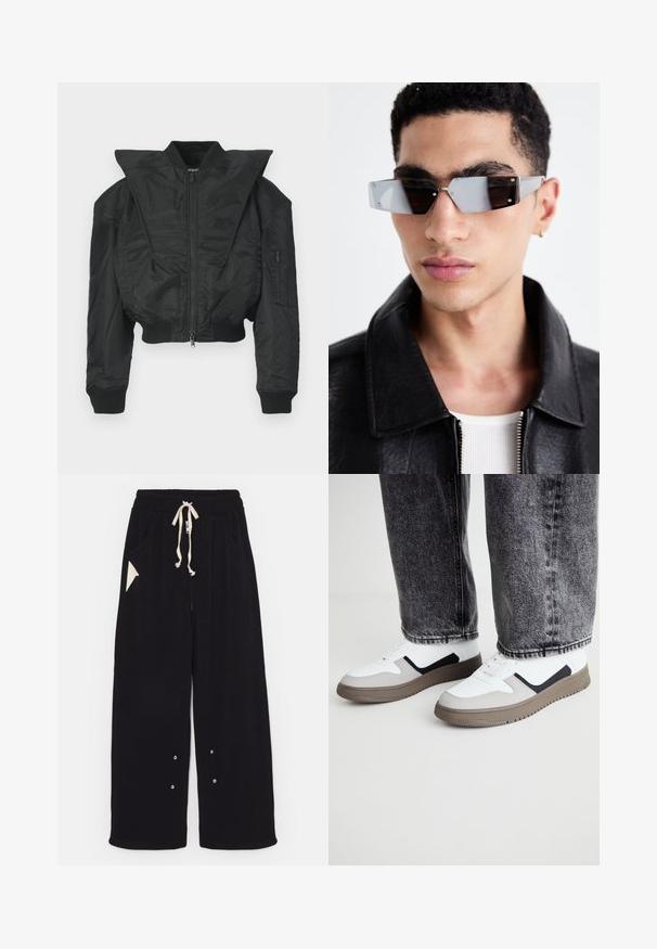 Melna bombers žaka ar īsu dizainu, platu apkakli, ribotiem manžetiem un sānu kabatu ar rāvējslēdzēju. Izgatavota no gludas, vieglas auduma.; Tumši pelēkas kokvilnas T-kreklās ar apaļu kakla izgriezumu, īsām raglanu piedurknēm un mīkstu, nedaudz teksturētu apdari. Nav redzamu rakstu vai rotājumu.; Melni plati bikses, izgatavotas no mīksta auduma, ar aukliņu viduklī, sānu kabatām un trīsstūrveida akcenta kabatu. Iekļautas sudraba detaļas.; Call it Spring FRESHH - Sporta apavi - multi-coloured; Stūrainas pelēkā toņa saulesbrilles ar sudraba detaļām, novietotas uz gaiša fona. Lēcas ir ar unikālu ģeometrisku formu.