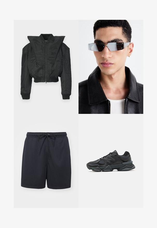 Černá bomber bunda s krátkým střihem, širokým límcem, žebrovanými manžetami a kapsou na zip na boku. Vyrobena z hladké, lehké tkaniny.; Bílá košile s dlouhým rukávem z měkké tkaniny, s kulatým výstřihem a volným střihem. Hladká textura bez vzorů nebo zdobení.; Černé sportovní šortky vyrobené z texturovaného, prodyšného materiálu; mají elastický pas s šňůrkou pro nastavitelnou velikost.; Černá běžecká bota s kombinací síťoviny a syntetických materiálů, masivní podešev, zakřivený design a výrazné logo na boku.; Avenované sluneční brýle se šedým nádechem a stříbrnými doplňky, umístěné na světlém pozadí. Skla mají jedinečný geometrický tvar.