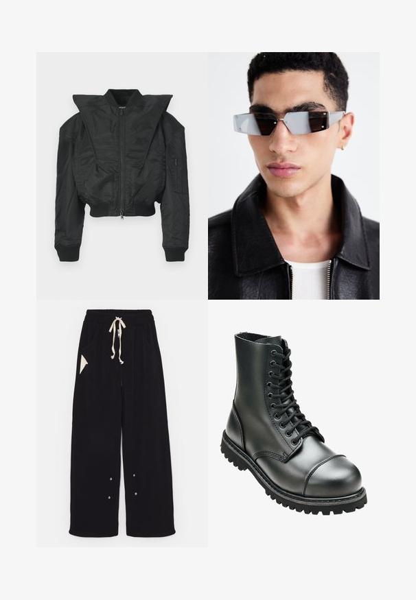 Jachetă bomber neagră cu design scurt, guler lat, manșete striate și buzunar lateral cu fermoar. Confecționată dintr-un material neted și ușor.; Tricou negru cu maneci scurte, fabricat din bumbac, având un decolteu rotund și o croială lejeră. Textură netedă cu detalii minime de cusătură.; Pantaloni negri evazați dintr-un material moale, cu talie ajustabilă cu șnur, buzunare laterale și un buzunar accent triunghiular. Detalii din metal argintiu incluse.; Cizme de luptă din piele neagră, cu gleznă înaltă, vârf rotund, sistem de strângere cu șireturi și talpă din cauciuc rezistentă cu model adânc pentru aderență.; Ochelari de soare unghiulari cu nuanță gri, cu accesorii argintii, pe un fundal deschis. Lentilele au o formă geometrică unică.
