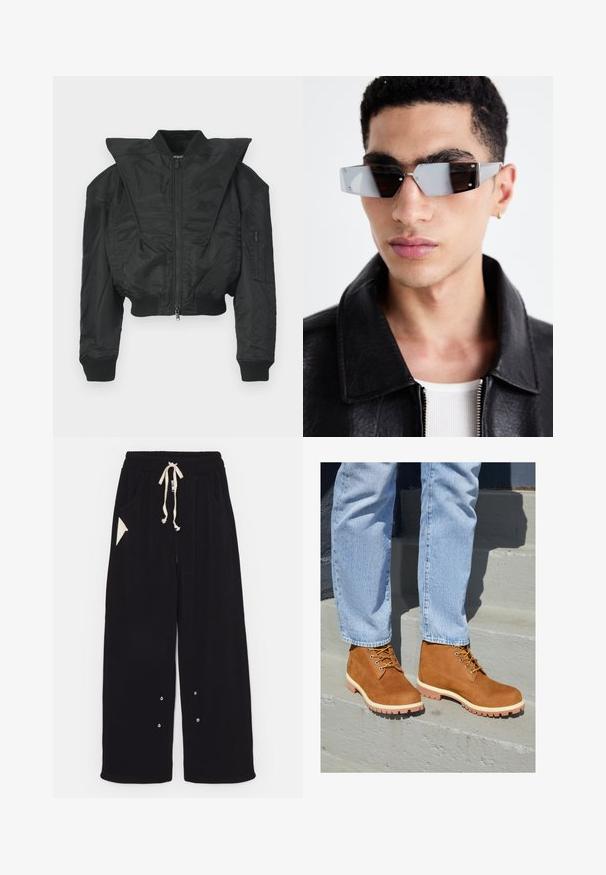 Giacca bomber nera con design corto, collo ampio, polsini a coste e tasca laterale con zip. Realizzata in tessuto liscio e leggero.; T-shirt nero a maniche corte in cotone, con scollatura rotonda e vestibilità comoda. Texture liscia con dettagli di cucitura minimi.; Pantaloni neri a gamba larga realizzati in un morbido tessuto, con vita regolabile tramite cordino, tasche laterali e una tasca accentuata triangolare. Include dettagli in hardware argentato.; Stivaletti alla caviglia in suede marrone con lacci gialli e suole bianche, caratterizzati da un motivo di battistrada robusto, indossati con jeans in denim azzurro chiaro su scale.; Occhiali da sole angolari con tonalità grigia e hardware in argento, su uno sfondo chiaro. Le lenti presentano una forma geometrica unica.