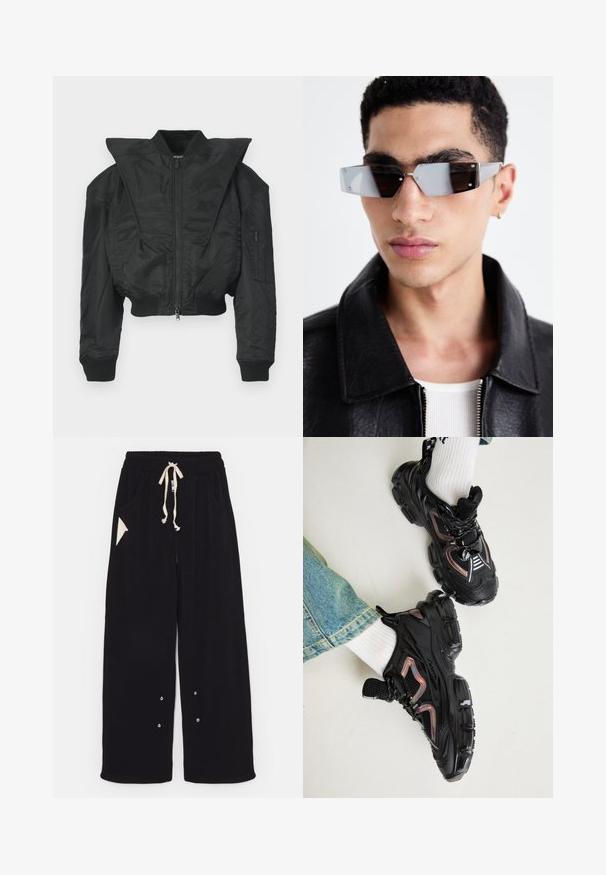 Sort bomberjakke med cropped design, bred krave, ribbet manchetter og lynlåslomme på siden. Fremstillet af glat, let stof.; Sort kortærmet T-shirt lavet af bomuld med rund hals og afslappet pasform. Glat tekstur med minimale syningsdetaljer.; Sorte bredde ben bukser lavet af blødt stof med snoreliv, sidelommer og en trekantet accentlomme. Sølv hardware detaljer inkluderet.; Steve Madden QUANTICO - Sneakers - black; Vinkelformede gråtonede solbriller med sølvhardware, sat mod en lys baggrund. Linsen har en unik geometrisk form.