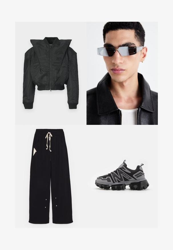 Schwarze Bomberjacke mit kurzem Schnitt, weitem Kragen, gerippten Bündchen und seitlicher Reißverschlusstasche. Hergestellt aus glattem, leichtem Stoff.; Schwarzes T-Shirt mit kurzen Ärmeln aus Baumwolle, mit Rundhalsausschnitt und lockerer Passform. Glatte Textur mit minimalen Nähten.; Schwarze weite Hose aus weichem Stoff mit einem Tunnelzugbund, Seitentaschen und einer dreieckigen Akzenttasche. Silberne Hardware-Details sind enthalten.; Steve Madden PRIVE - Sneaker low - light grey; Eckige, grau getönte Sonnenbrillen mit silberner Hardware, vor einem hellen Hintergrund. Die Gläser weisen eine einzigartige geometrische Form auf.