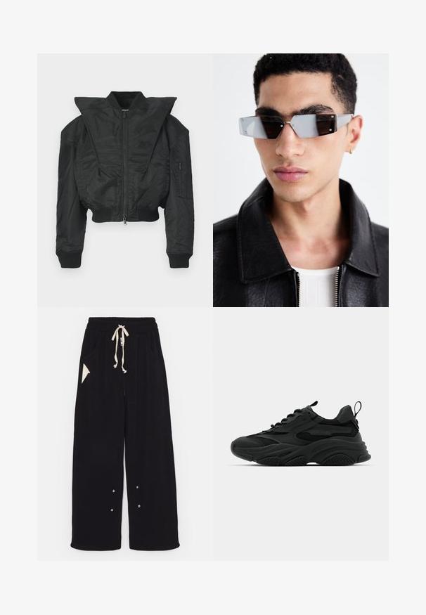 Čierna bomber bunda s krátkym strihom, širokým golierom, rebrovanými manžetami a zipsovou bočnou vreckom. Vyrobená z hladkej, ľahkej látky.; Čierne krátke tričko s krátkym rukávom vyrobené z bavlny, s obojstranným výstrihom a voľným strihom. Hladká textúra s minimálnymi švovými detailmi.; Čierne široké nohavice vyrobené z mäkkej látky s elastickým pásom, bočnými vreckami a trojuholníkovým akcentom. Obsahuje detaily zo strieborného kovu.; Čierne športové tenisky s mohutnou podrážkou, sieťovinovými panelmi a gumovými akcentmi. Majú pútko na päte a textúrované vzory.; Uhly šedé slnečné okuliare s striebornými prvkami na svetlom pozadí. Šošovky majú jedinečný geometrický tvar.