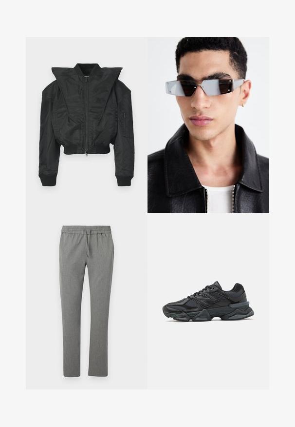 Veste bomber noire au design court, col large, poignets côtelés et poche zippée sur le côté. Fabriquée en tissu lisse et léger.; T-shirt noir à manches courtes en coton, avec un col rond et une coupe décontractée. Texture lisse avec des détails de couture minimalistes.; Pantalons gris fuselés en tissu texturé. Comprend une taille élastique avec cordon de serrage, sans poches, et une finition lisse.; Chaussure de course noire mettant en avant un mélange de mesh et de matériaux synthétiques, avec une semelle épaisse, un design arrondi et un logo bien visible sur le côté.; Lunettes de soleil grises angulaires avec des détails en argent, sur un fond clair. Les verres présentent une forme géométrique unique.
