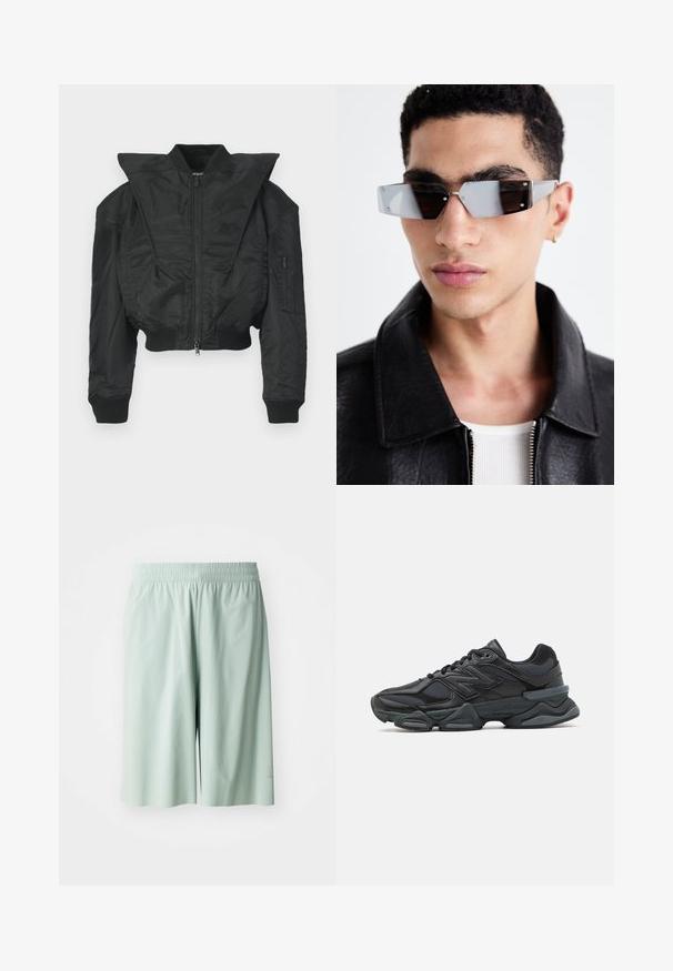 Črna bombažna jakna s krajšim krojem, širokim ovratnikom, rebrastimi manšetami in žepom na zadrgo na strani. Iz gladkega, lahkega blaga.; Črno kratko majico s kratkimi rokavi iz bombaža, z okroglo ovratnico in sproščenim krojem. Gladka tekstura z minimalnimi detajli šivanja.; Svetlozeleni atletski šortsi z elastičnim pasom, gladke teksture, do kolen, z diskretnim logotipom na spodnji strani.; Črne tekaške superge, ki združujejo mrežaste in sintetične materiale, imajo debel podplat, ukrivljen oblikovni slog ter izrazito blagovno znamko na strani.; Angularne sončne očala s sivim tonom in srebrnim okovjem, postavljena na svetli podlagi. Leče imajo edinstveno geometrijsko obliko.