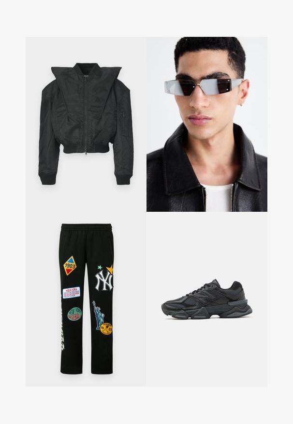 Schwarze Bomberjacke mit kurzem Schnitt, weitem Kragen, gerippten Bündchen und seitlicher Reißverschlusstasche. Hergestellt aus glattem, leichtem Stoff.; Schwarzes T-Shirt mit kurzen Ärmeln aus Baumwolle, mit Rundhalsausschnitt und lockerer Passform. Glatte Textur mit minimalen Nähten.; Schwarze Jogginghose mit verschiedenen bunten aufgestickten Patches, darunter das Logo der New York Yankees, Baseball-Grafiken und die Freiheitsstatue.; Schwarzer Laufschuh mit einer Mischung aus Mesh- und sinthetischen Materialien, dicke Sohle, geschwungenes Design und auffälliger Markenkennzeichnung an der Seite.; Eckige, grau getönte Sonnenbrillen mit silberner Hardware, vor einem hellen Hintergrund. Die Gläser weisen eine einzigartige geometrische Form auf.