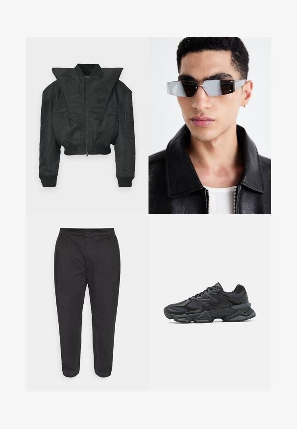 Črna bombažna jakna s krajšim krojem, širokim ovratnikom, rebrastimi manšetami in žepom na zadrgo na strani. Iz gladkega, lahkega blaga.; Črno kratko majico s kratkimi rokavi iz bombaža, z okroglo ovratnico in sproščenim krojem. Gladka tekstura z minimalnimi detajli šivanja.; Calvin Klein MODERN TAPERED PLEAT - Hlače chino - black; Črne tekaške superge, ki združujejo mrežaste in sintetične materiale, imajo debel podplat, ukrivljen oblikovni slog ter izrazito blagovno znamko na strani.; Angularne sončne očala s sivim tonom in srebrnim okovjem, postavljena na svetli podlagi. Leče imajo edinstveno geometrijsko obliko.